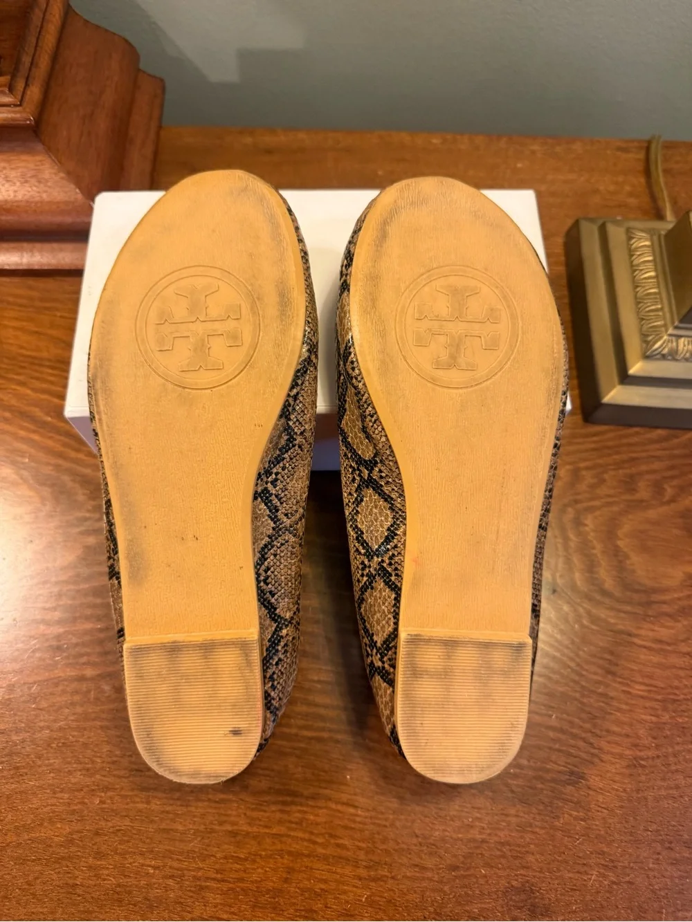Tory Burch Reva Brown Snakeskin Gold Logo Ballet Flats Size UK 37/US 6 $328